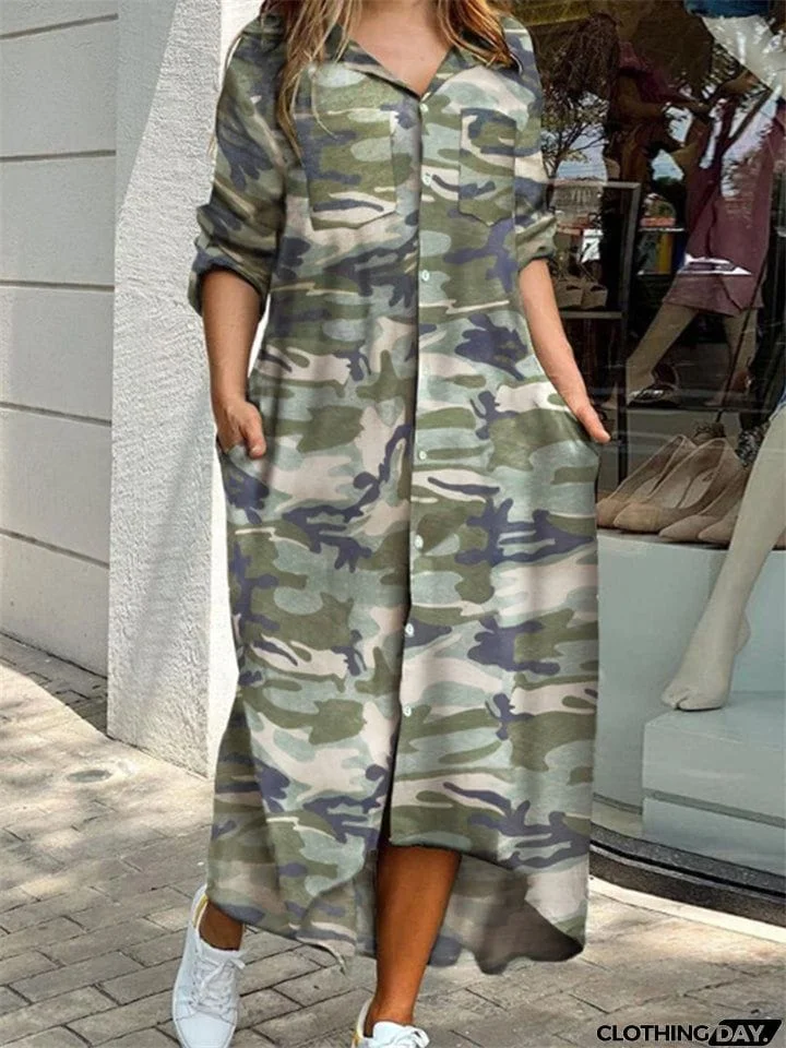 Ladies Fashion Sexy Print V- Neck Long Vintage Dresses