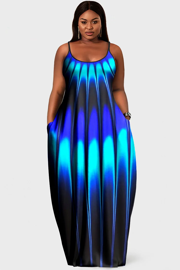 Xpluswear Design Plus Size Casual Sundress Dark Blue Ombre Print Cami With Pockets Maxi Dress