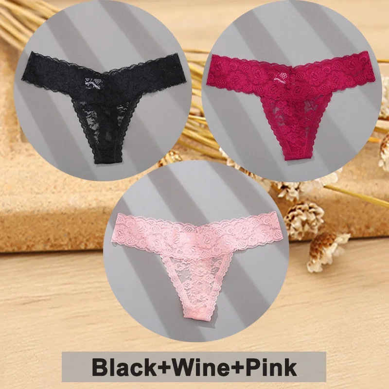 3PCS/Set Lace Panties Full Floral Underwear Women Panties Underpants Sexy Briefs Thong Lace G-String Female Lingerie Intimates