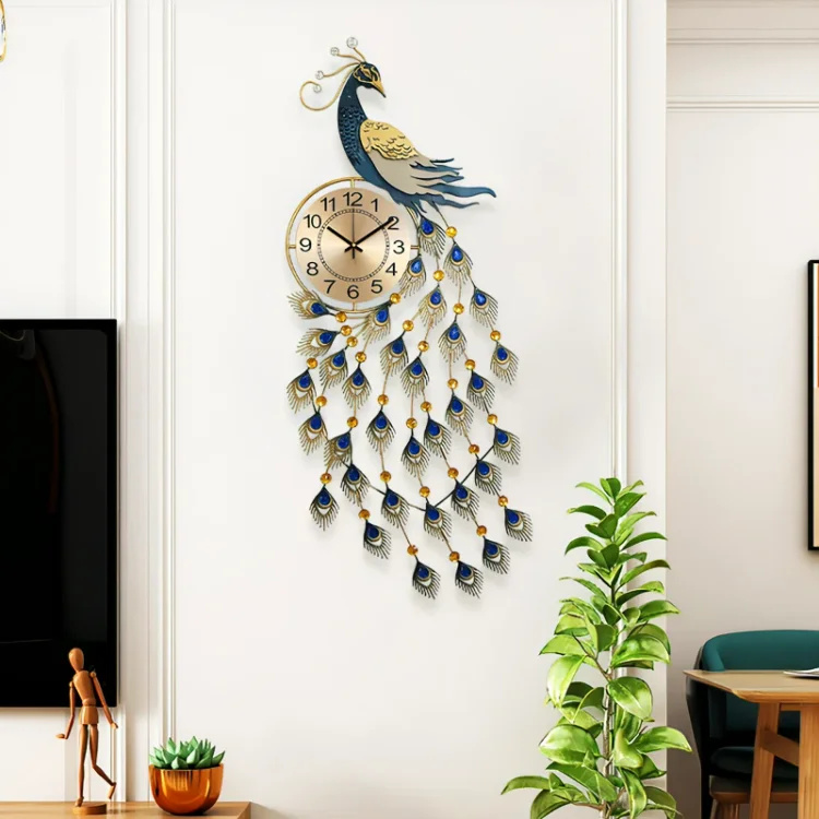 Homemys Modern Creative Metal Peacock Wall Clock Home Wall Decorative Art
