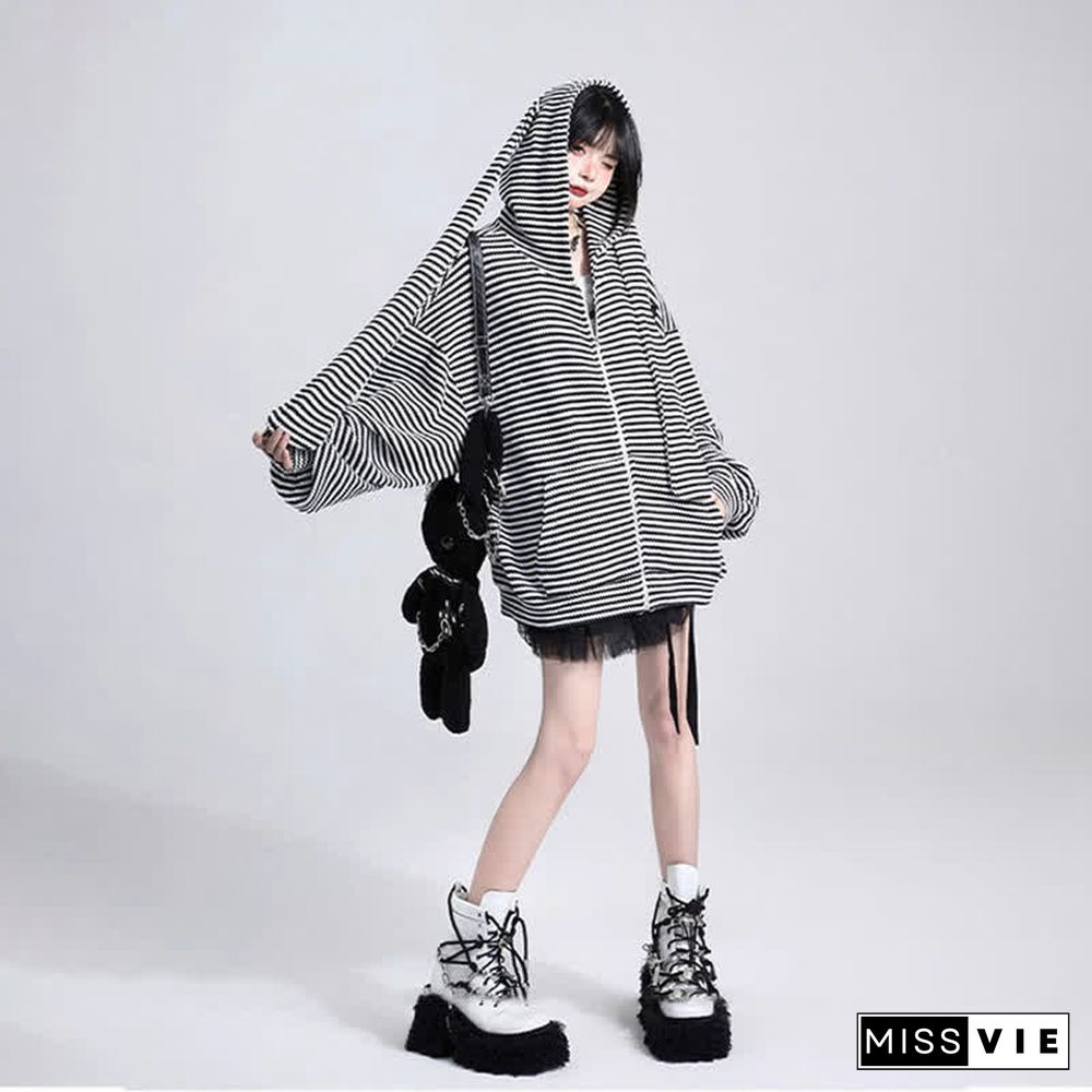 Long Bunny Ears Pocket Oversize Zipper Hooded Sweatshirt