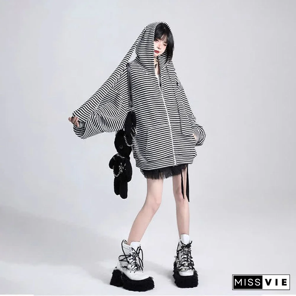 Long Bunny Ears Pocket Oversize Zipper Hooded Sweatshirt