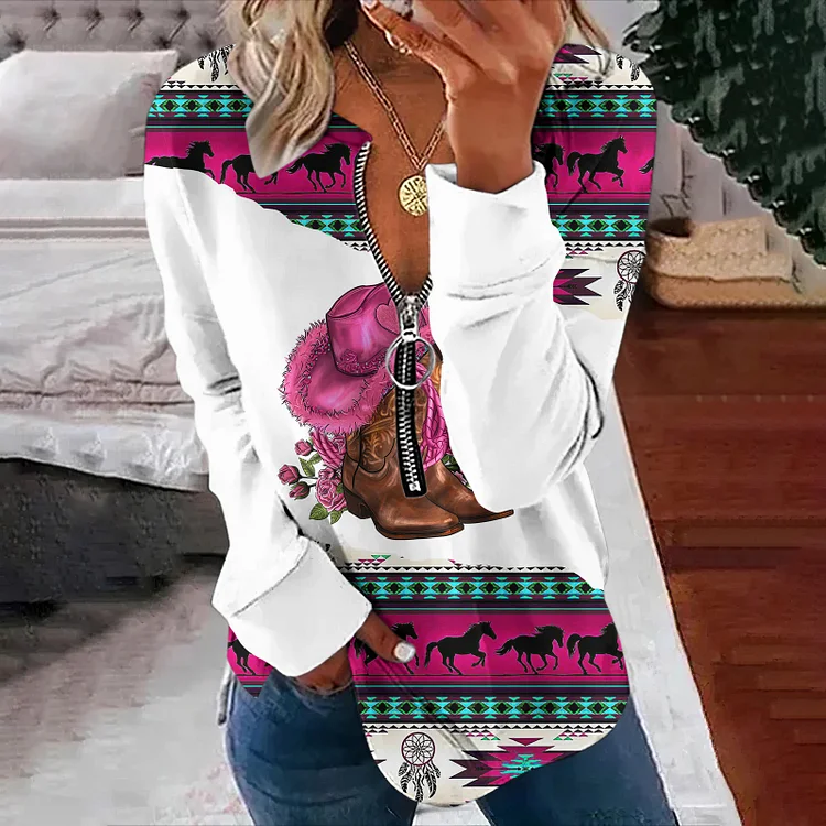 Women's Ethnic Boots And Floral Geometric Pattern Casual Sweatshirt