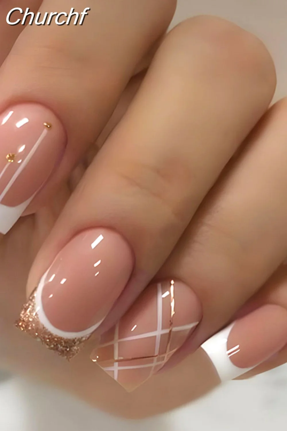 Churchf Wave Line Short Ballet French False Nails With Flower design Square Head Fake Nail Tips Simple Wearable Press On Nails-Nail Inspo