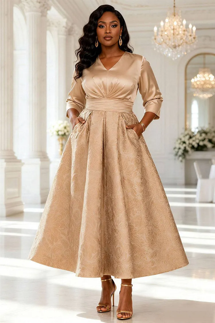 Xpluswear Design Plus Size Wedding Guest Champagne Graphic V Neck 3/4 Sleeve Pocket Satin Maxi Dresses [Pre-Order] 2024 - Xpluswear