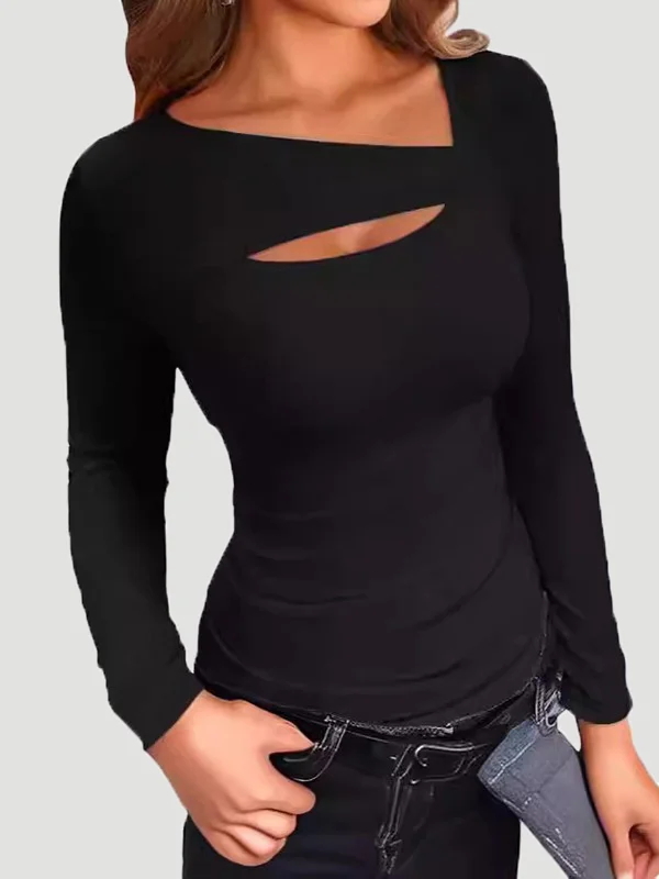 Asymmetric Hollow Solid Color Split-Joint Long Sleeves Skinny V-Neck T-Shirts