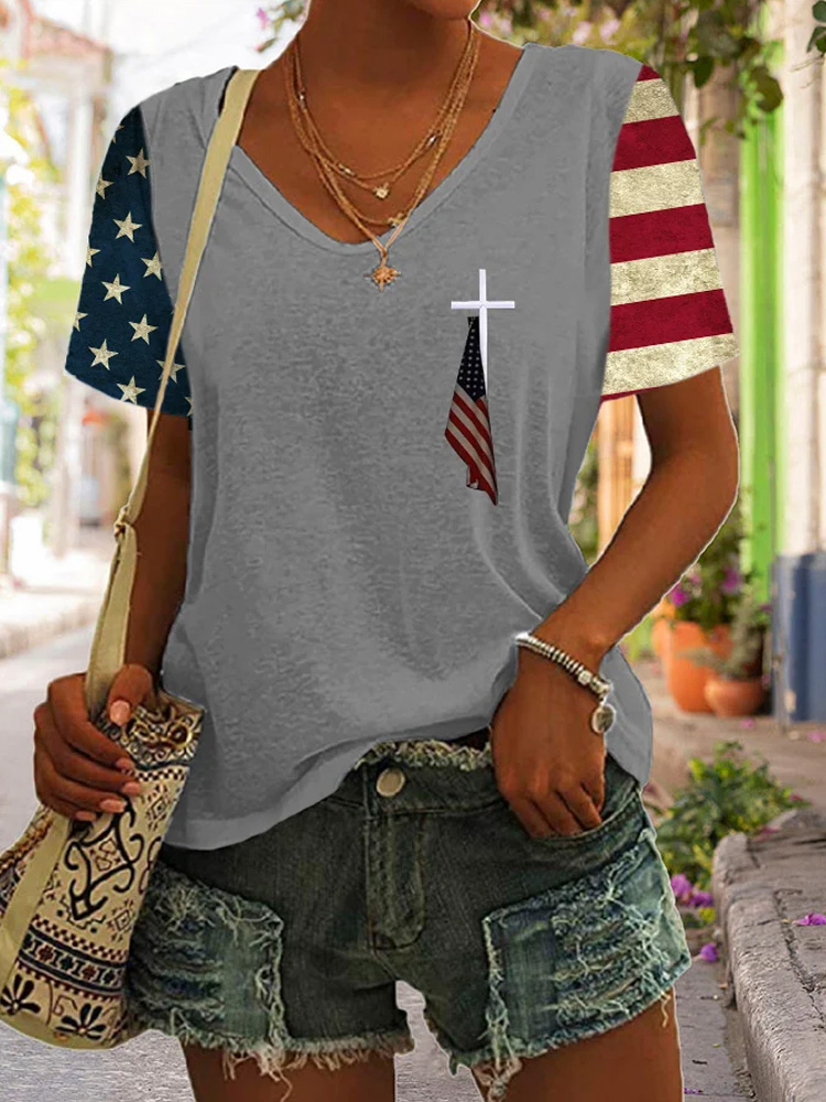 Comstylish Women's Flag Print Casual T-Shirt