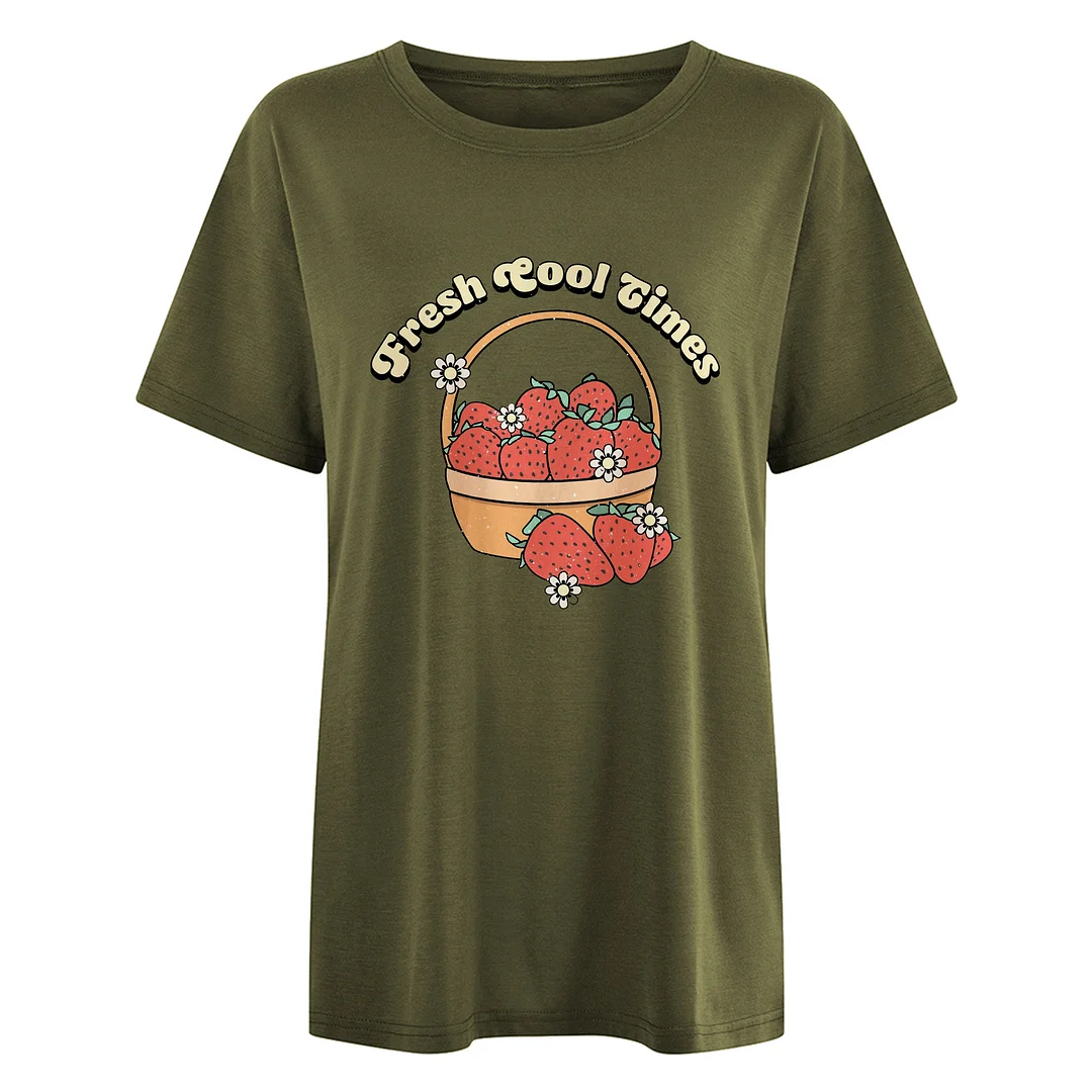 Girl Letter Strawberry Pattern Loose Short Sleeve T-shirt