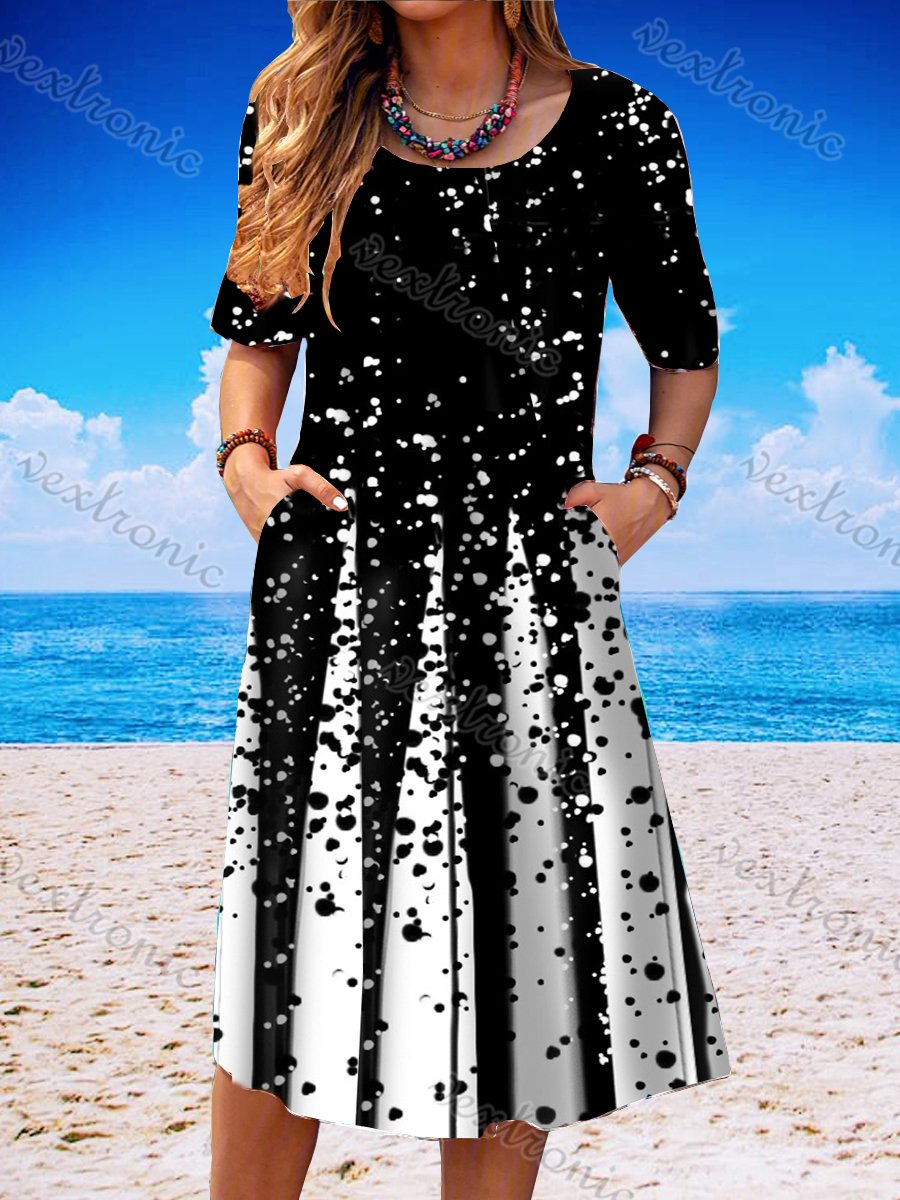 Women Casual Short Sleeve Scoop Neck Colorblock Printed Midi Dress