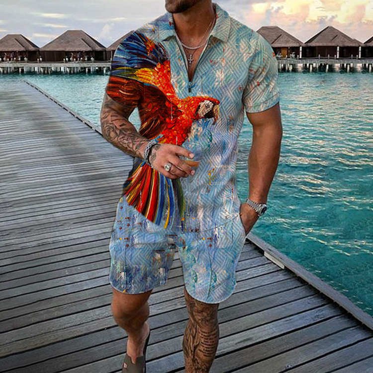 BrosWear Parrot Flower Waffle Short Sleeve Polo Shirt And Shorts Co-Ord