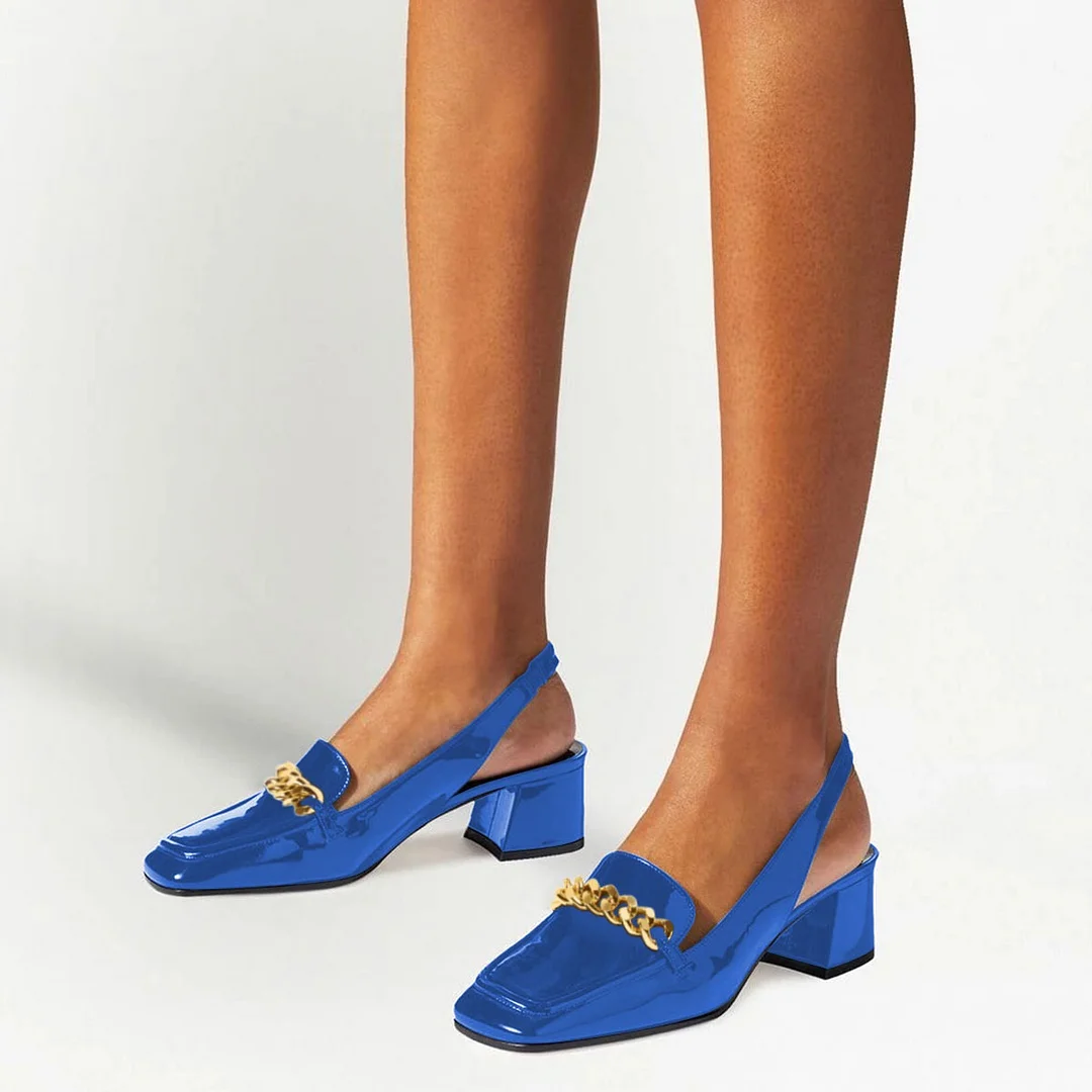 Blue Patent Leather Square Toe Slingback Heels with Chain Accent
