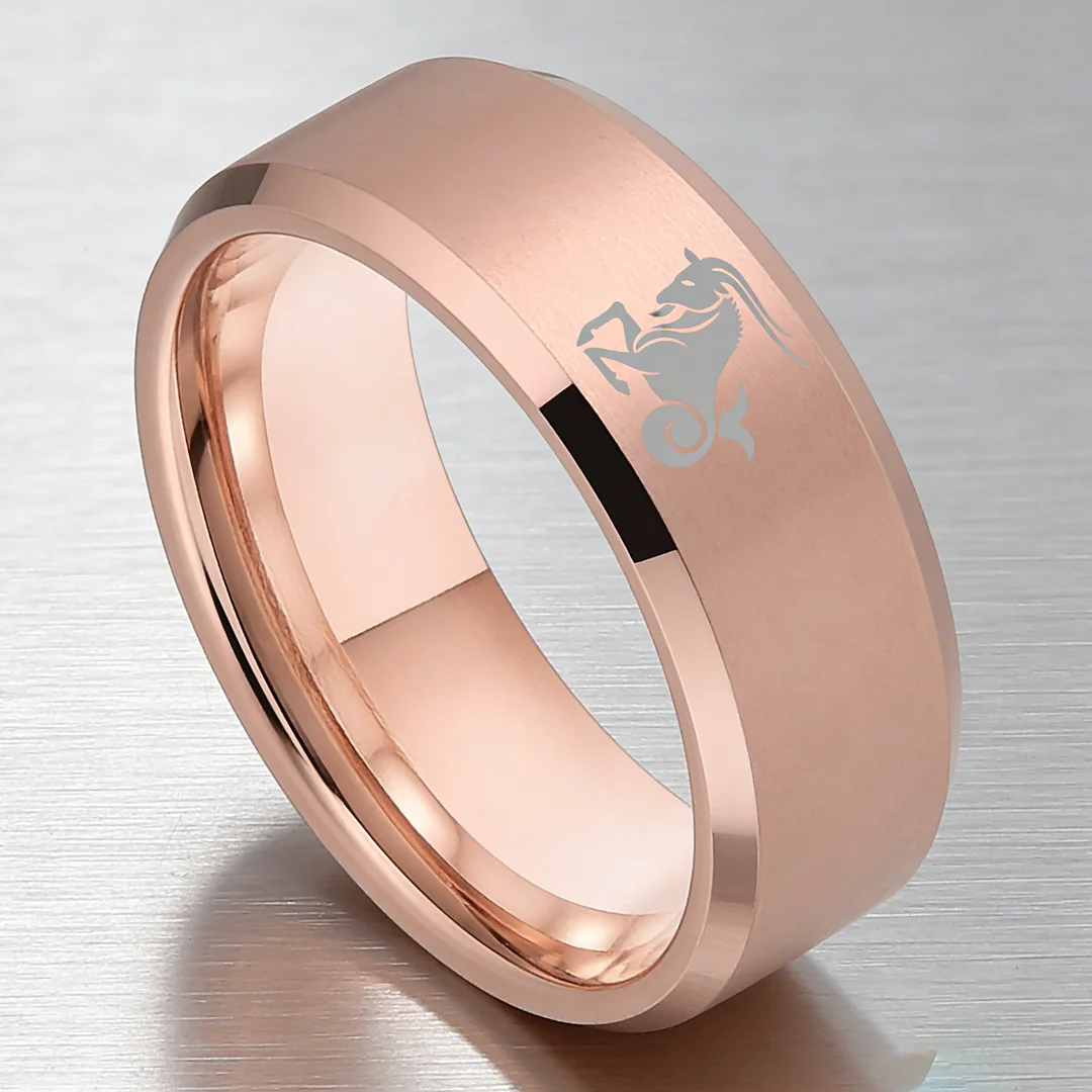 Mens Womens Rose Gold Capricorn Tungsten Carbide Bands Rose Gold Edges and Laser Etched Wedding Rings Comfort Fit 4MM 6MM 8MM Width