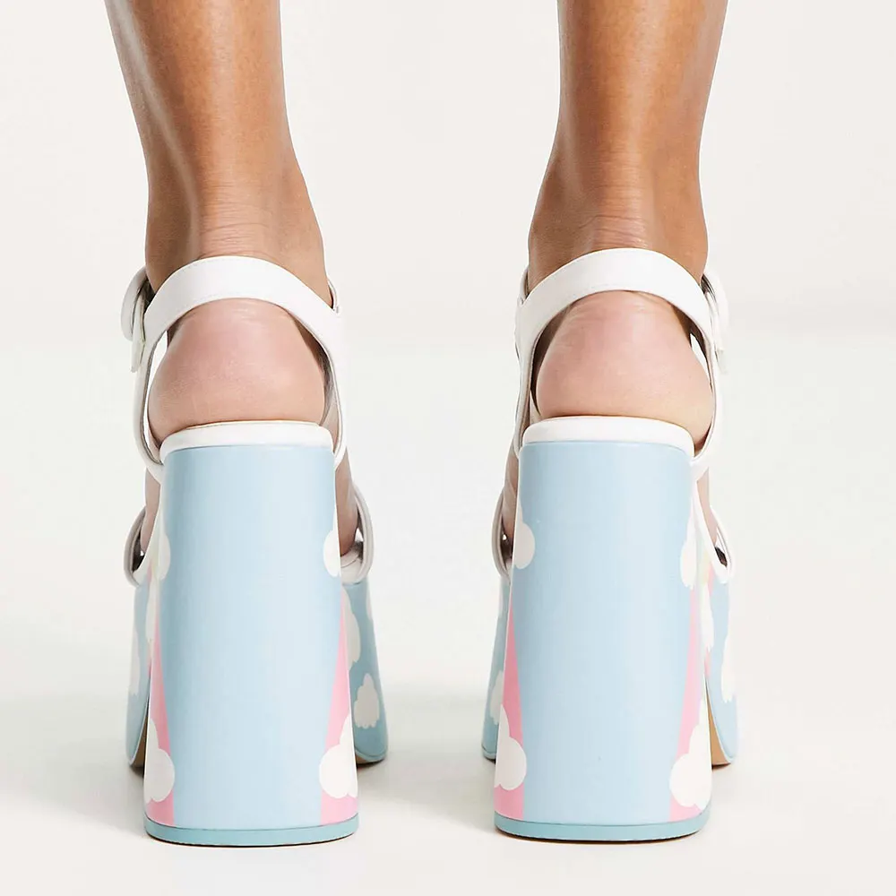 White and Light Blue Cloud Print Open Toe Platform Sandals for Women