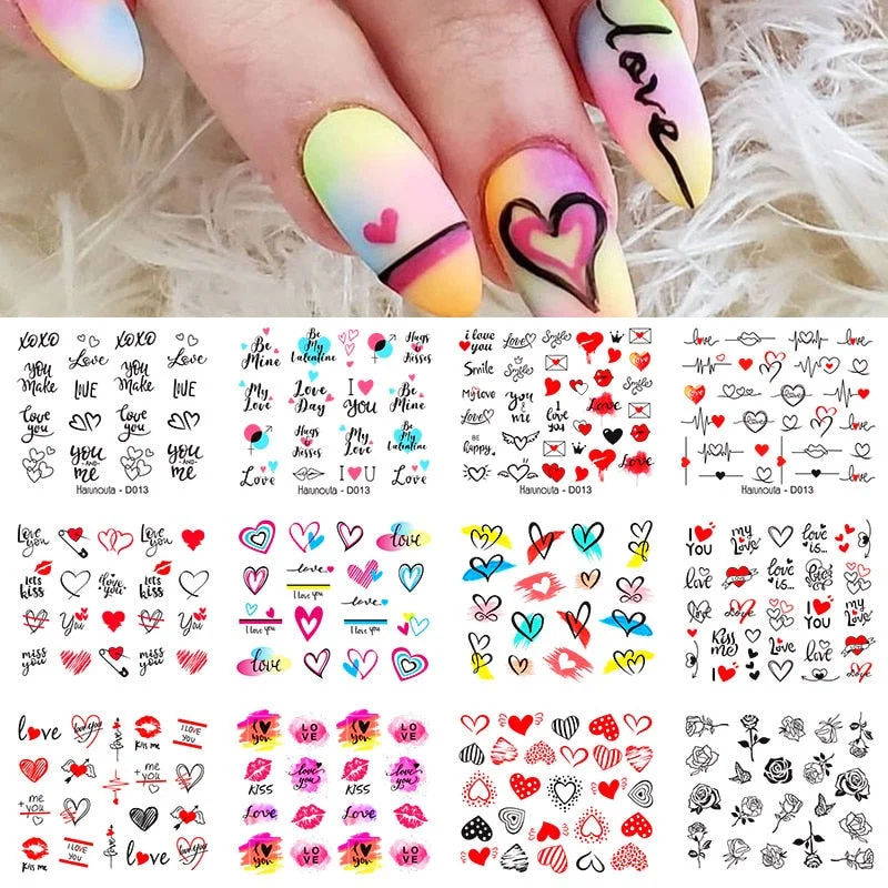 12pcs Valentines Manicures Love Letter Flower Transfer Stickers For Nails Inscriptions Nail Art Decoration Water Sliders Tips