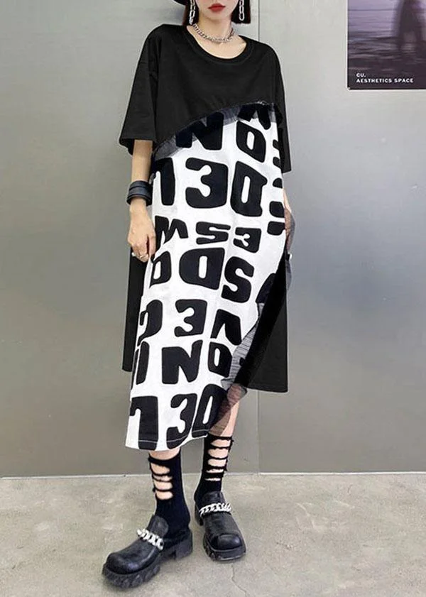 Bohemian Black Print asymmetrical design Graphic Short Sleeve Maxi Dresses