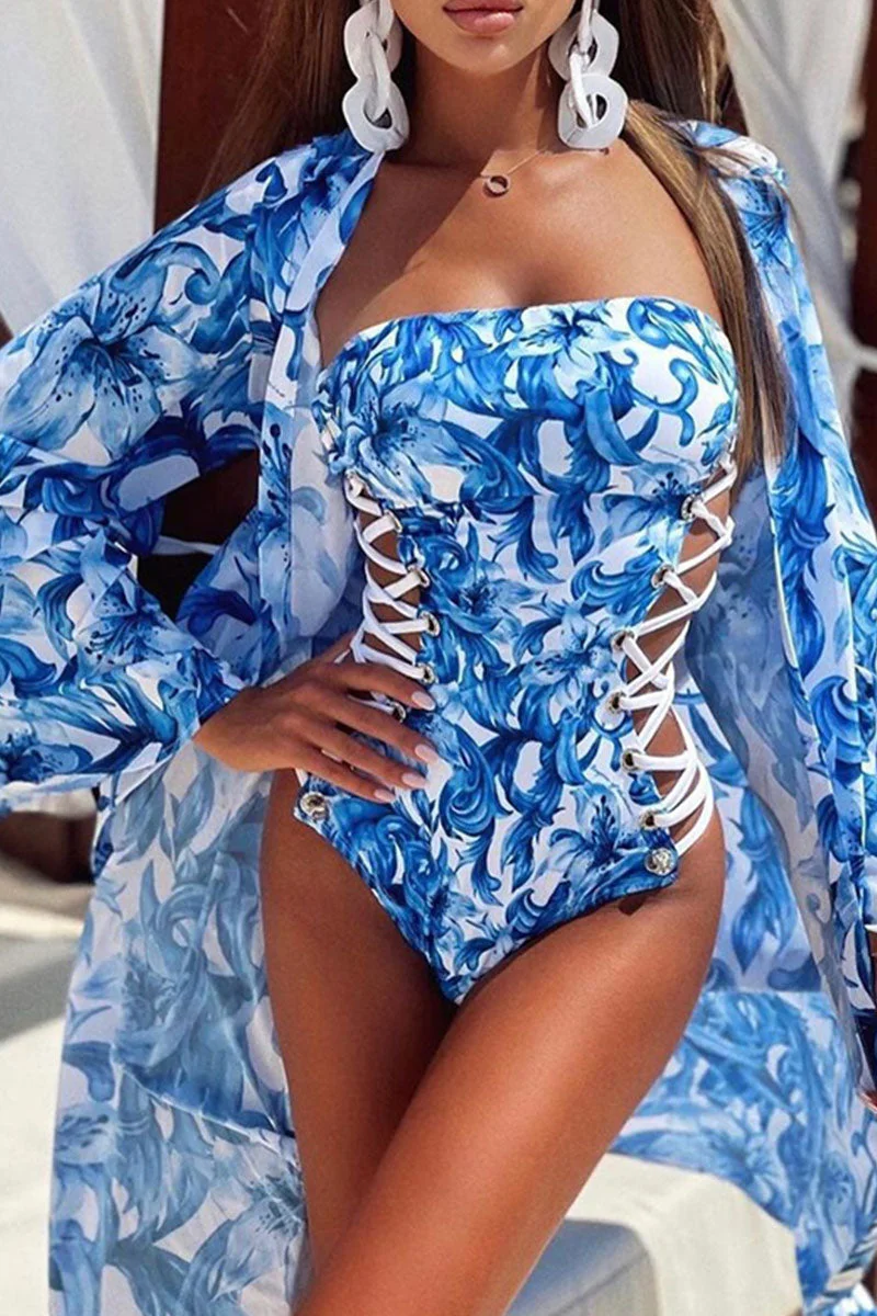 Sexy Print Bandage Hollowed Out Split Joint Swimwears