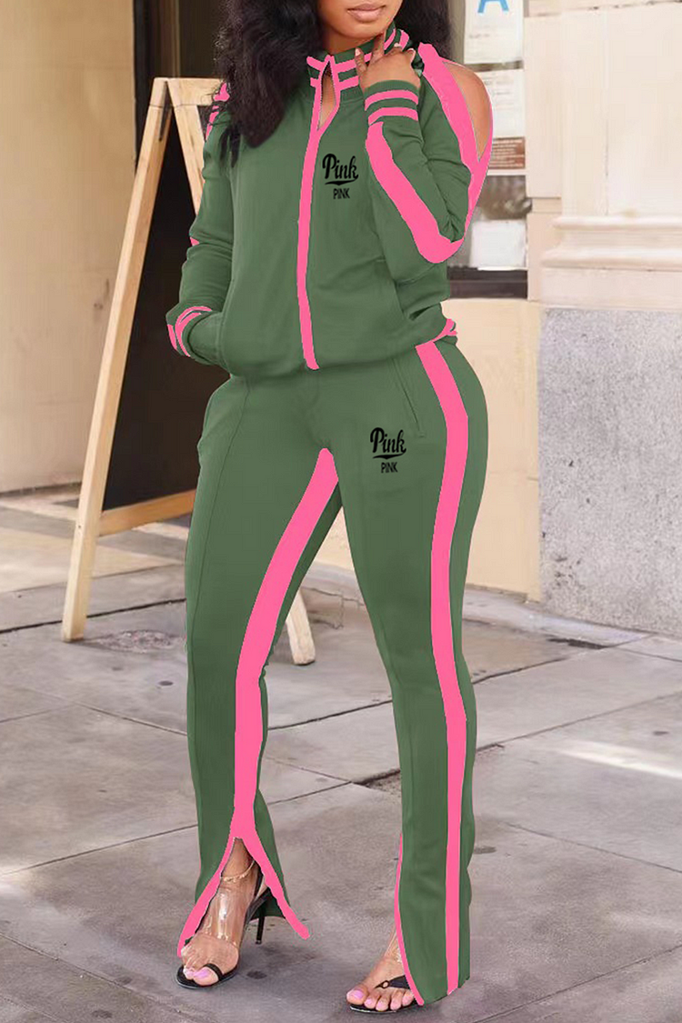 Green Casual Print Slit Zipper Collar Long Sleeve Two Pieces