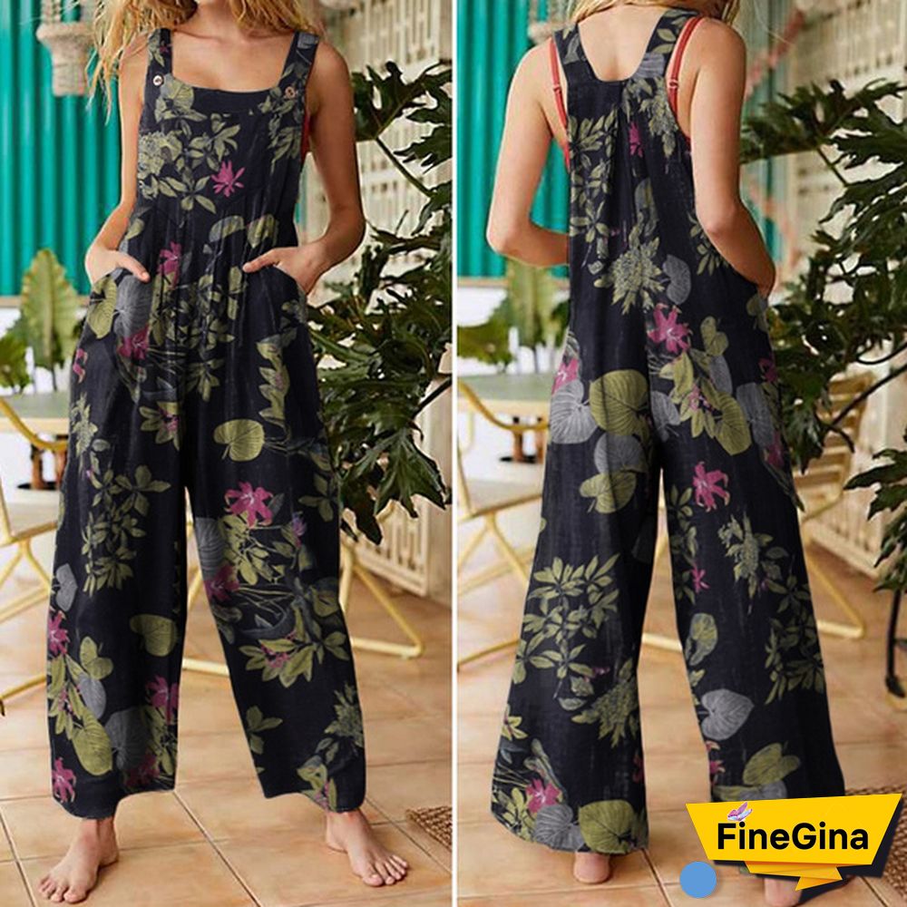 Women Sleeveless Floral Print Cotton Jumpsuits Vintage Bib Pants Long Trousers Plus Size Summer Palazzo Overalls Dungarees