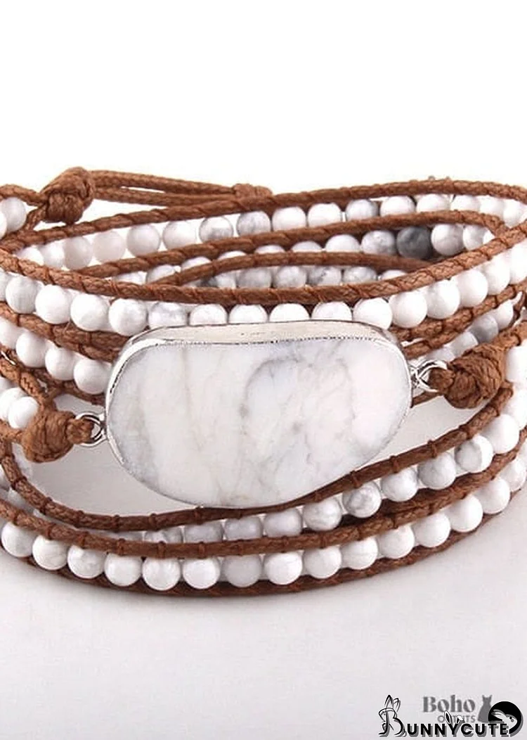 Boho Bracelet, RH 5 Layers Leather Wrap Bracelet, Natural Stones, Blue, White, Brown