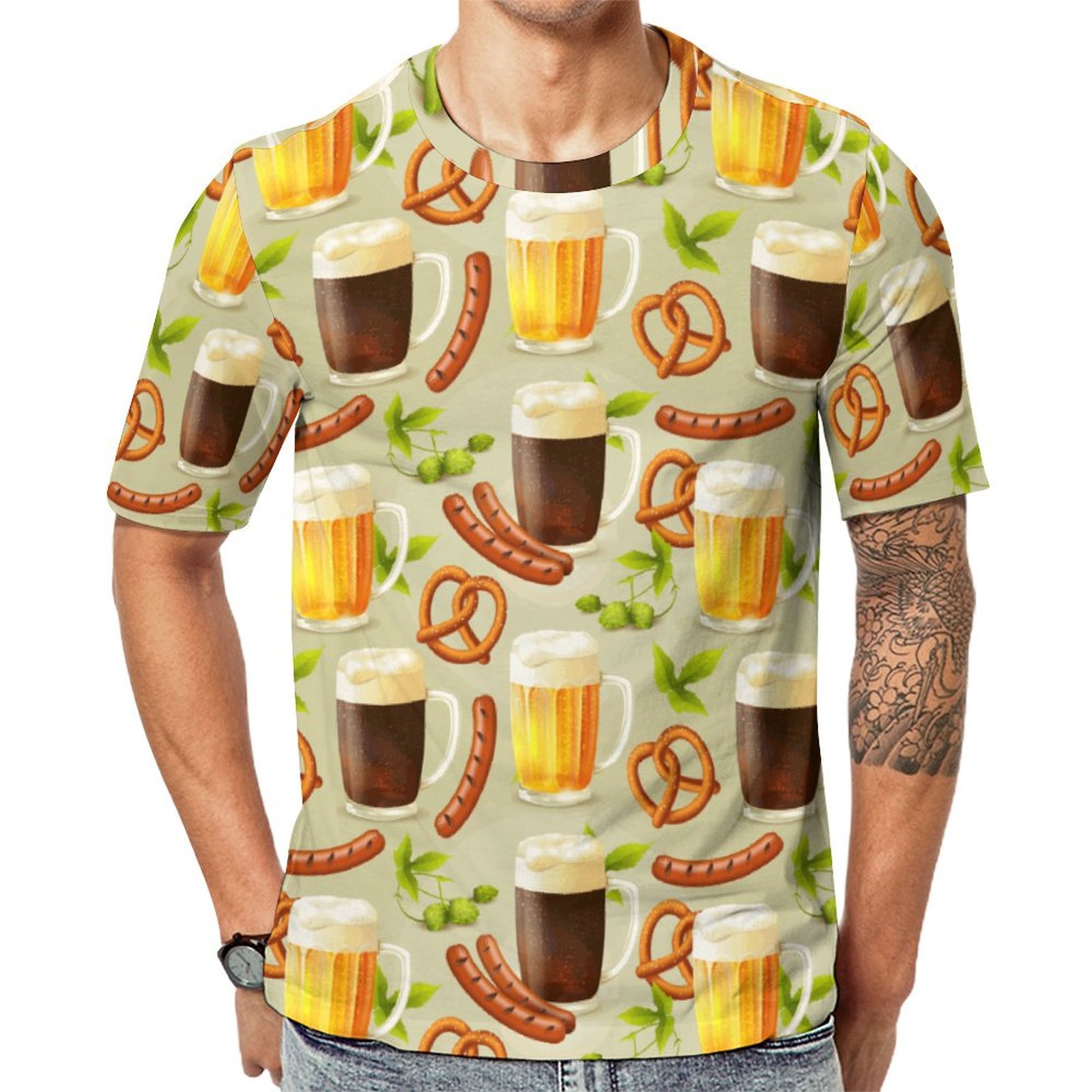 October Beer Sausage Pretzel Socks Short Sleeve Print Unisex Tshirt Summer Casual Tees for Men and Women Coolcoshirts