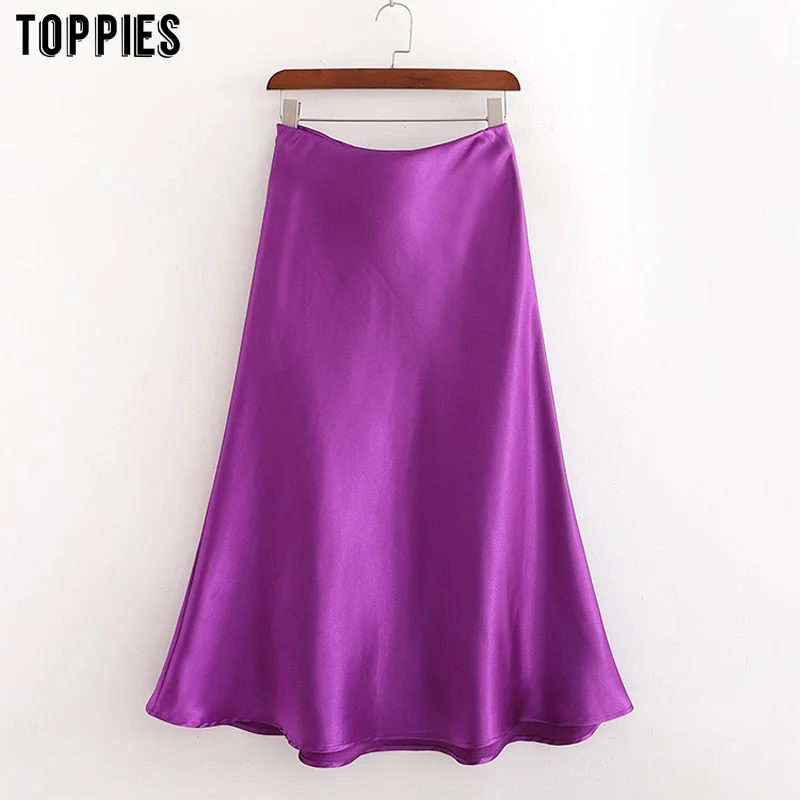 toppies summer purple satin skirts womens a-line midi skirts high waist solid color streetwear