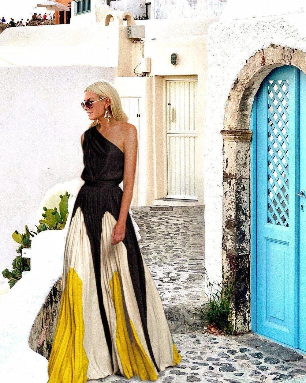 Fashion One Shoulder Sleeveless Color Block Maxi Dress | IFYHOME