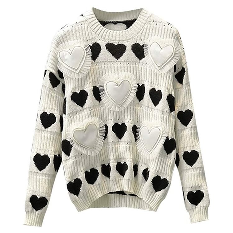 Love Heart Print Stripe Knit Sweater - Modakawa Modakawa