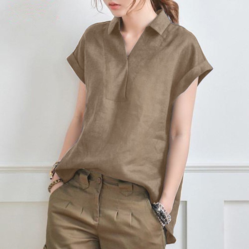 2022 Summer Stylish Cotton Blouse Women Vintage Short Sleeve Shirt ZANZEA Elegant Loose  Office Work Chemise Slim OL Tunic Top