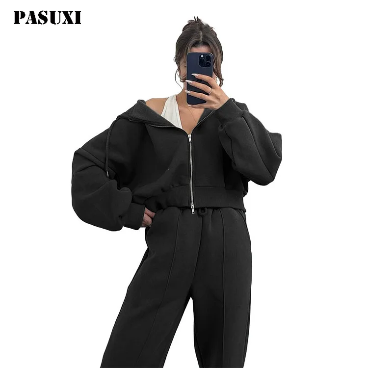 PASUXI Women's Casual Solid Color Hooded Sweatshirt & Sweatpants Two Piece Suit huanwei