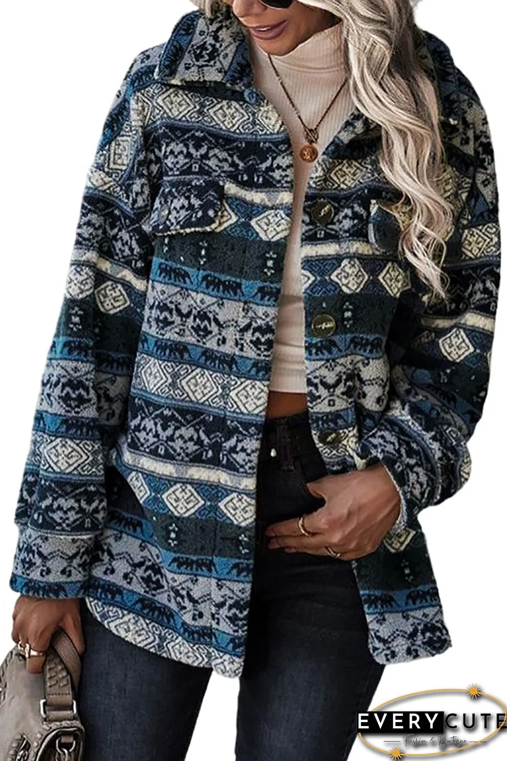 Blue Tribal Print Pocket Buttoned Sherpa Jacket