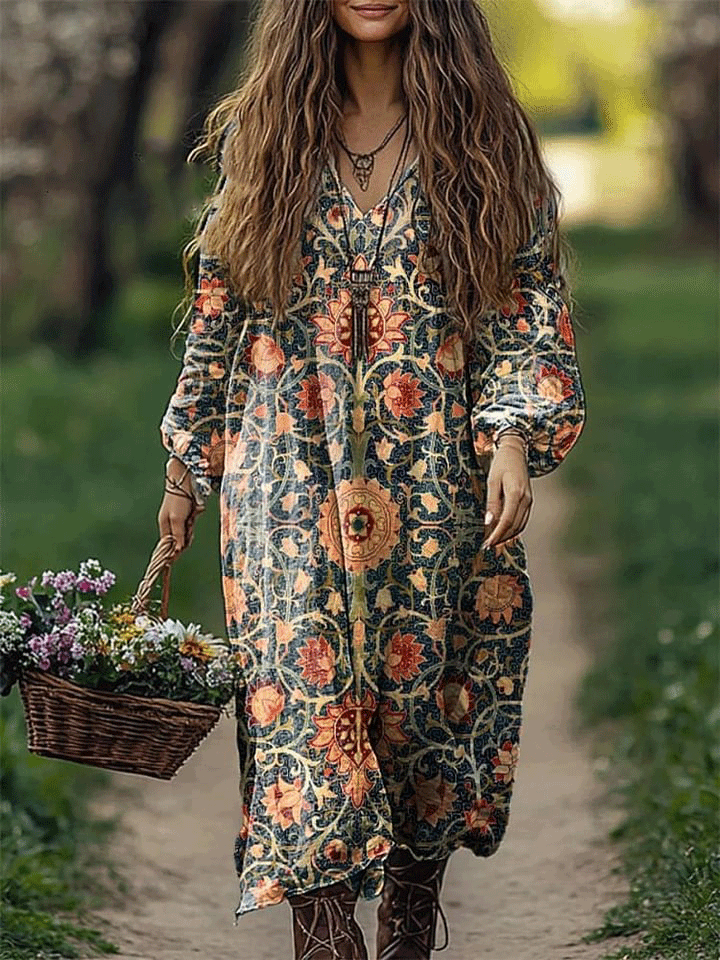 Women's Vintage Ethnic Floral Art Pattern Print Loose V Neck Pocket Cotton Dress