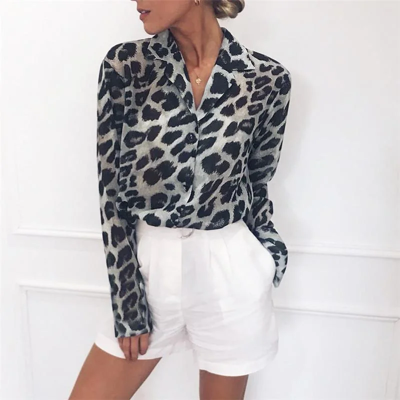 Chiffon Long Sleeve Sexy Leopard Print Blouse Turn Down Collar Casual Loose Tops Blouse