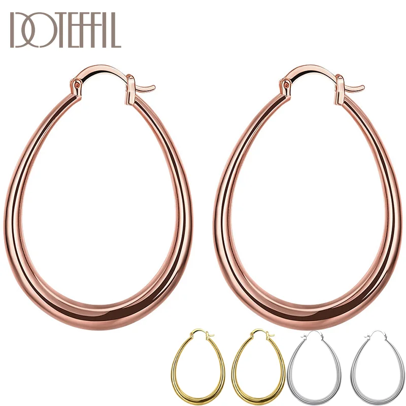 DOTEFFIL 925 Sterling Silver/Gold/Rose Gold Smooth U Circle Earrings For Women Jewelry