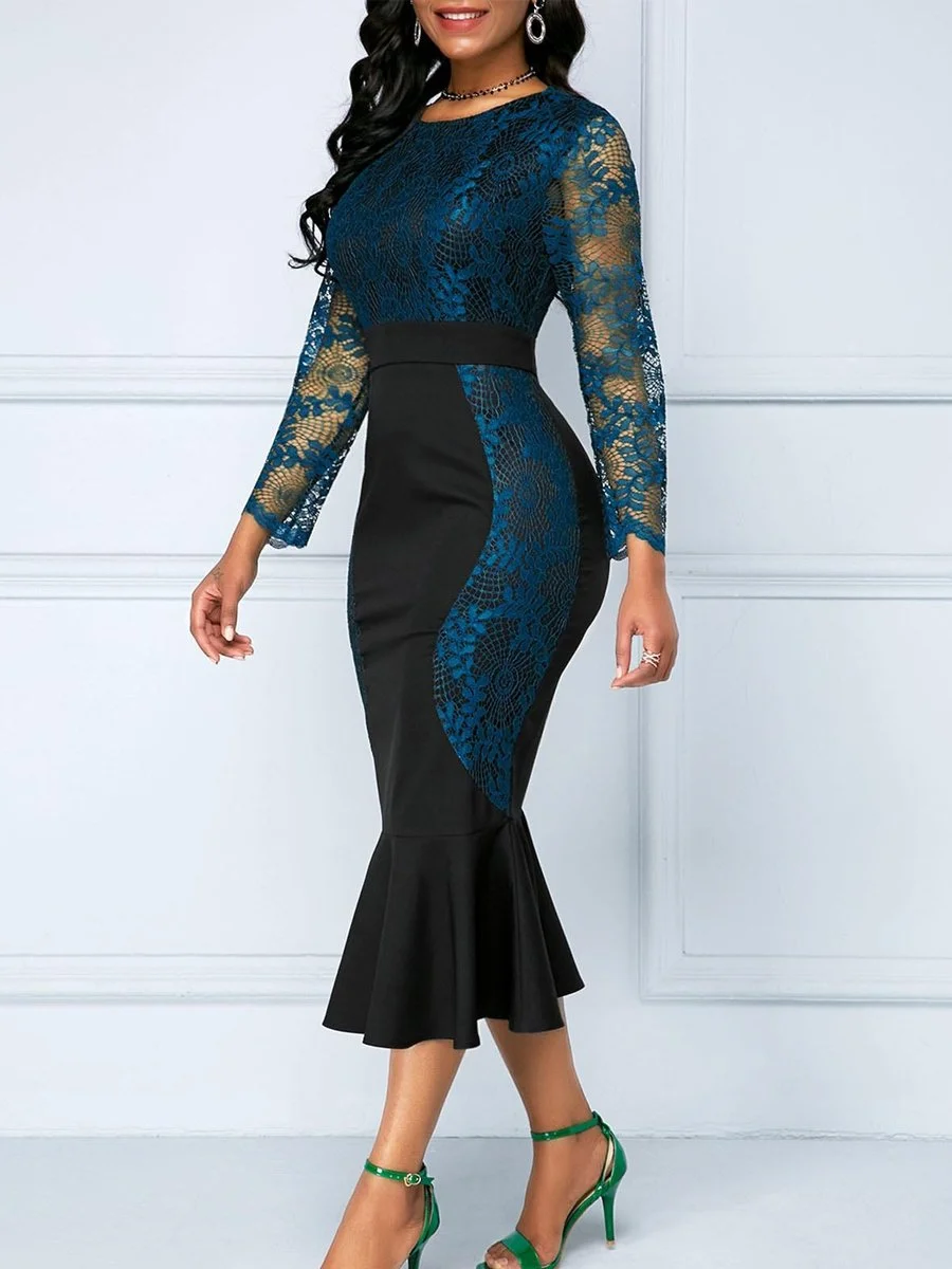 Lace Dress Patchwork Hollow Ruffle Three Quarters Sleeve Mermaid Prom Dresses