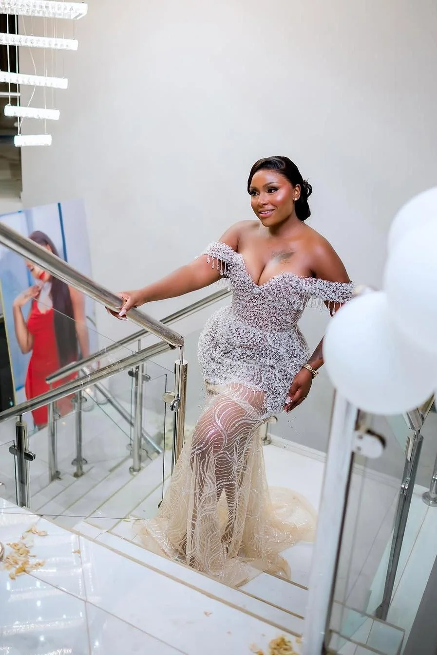 Miabel Stunning Off the Shoulder V Neck Sequins Long Prom Dress With Rhinestone 