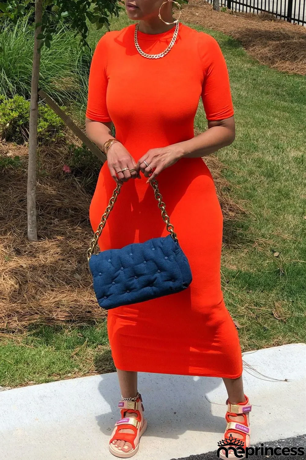 Orange Fashion Casual Solid Basic O Neck Short Sleeve Dress