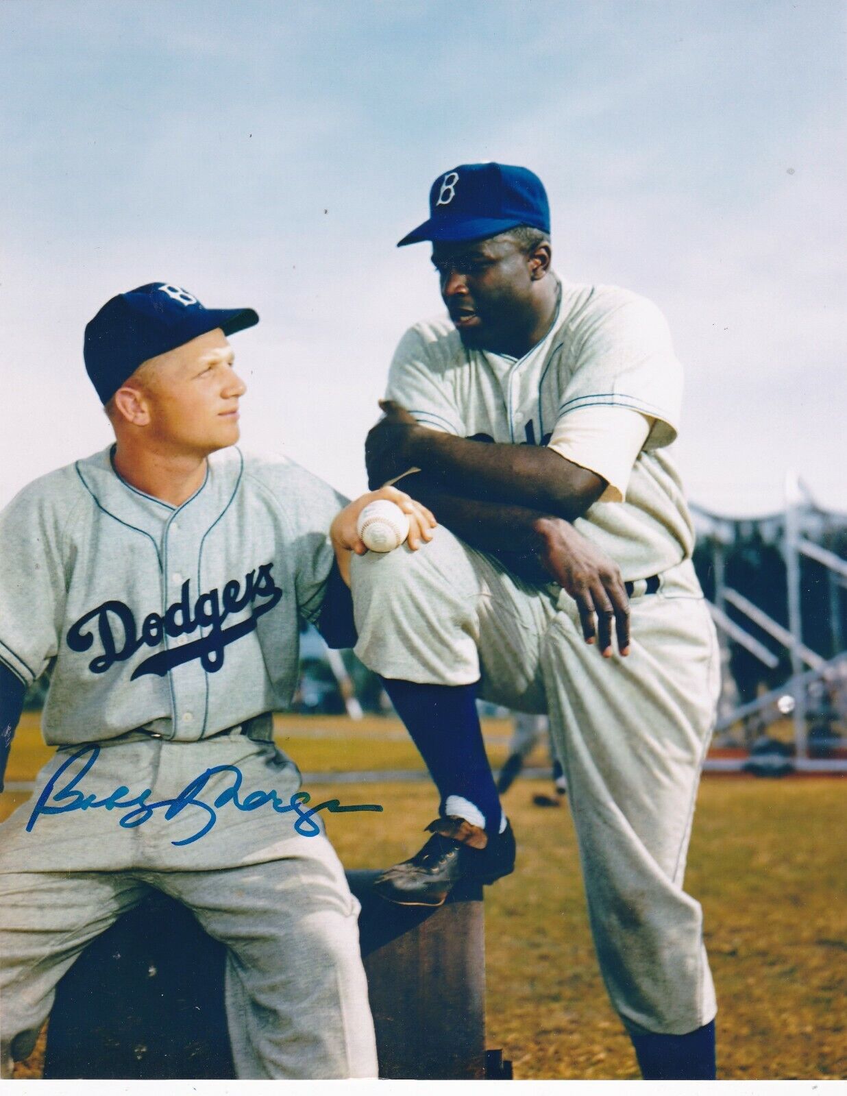 BOBBY MORGAN BROOKLYN DODGERS W/ JACKIE ROBINSON ACTION SIGNED 8x10