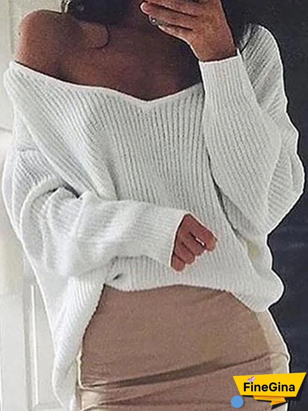 Loose V-neck Solid Color Knitted Sweater