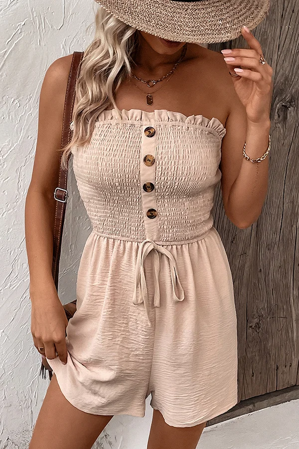 Solid Color Tube Top Button Pleated Casual Rompers