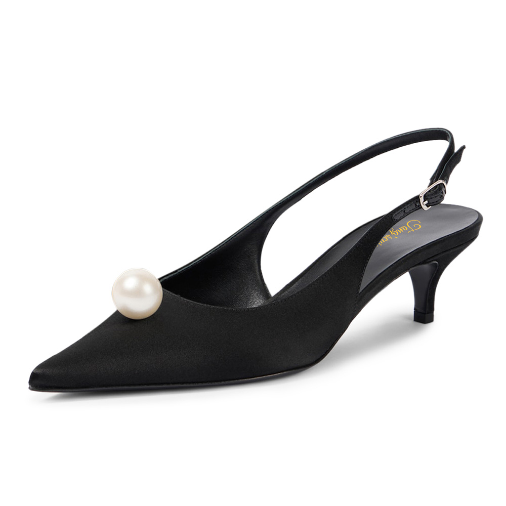 Satin Pointed Toe Kitten Heel Pearl Slingback Black Pumps for Women Nicepairs