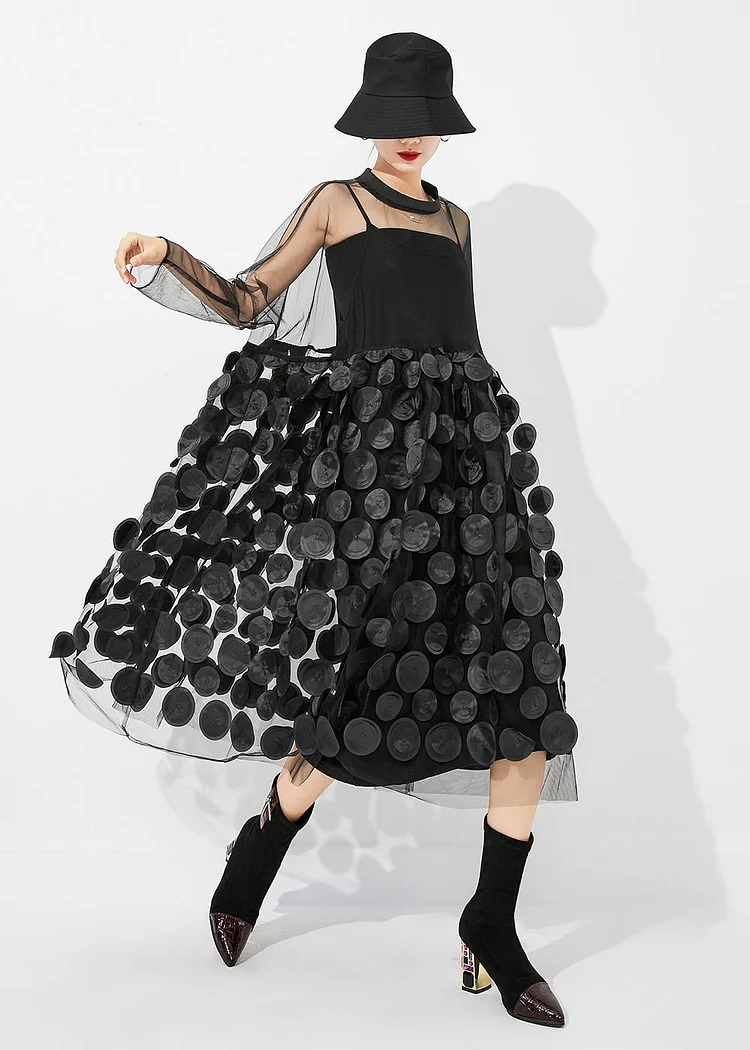 4.29Casual Black Oversized Patchwork Hollow Out Tulle Long Dress Summer
