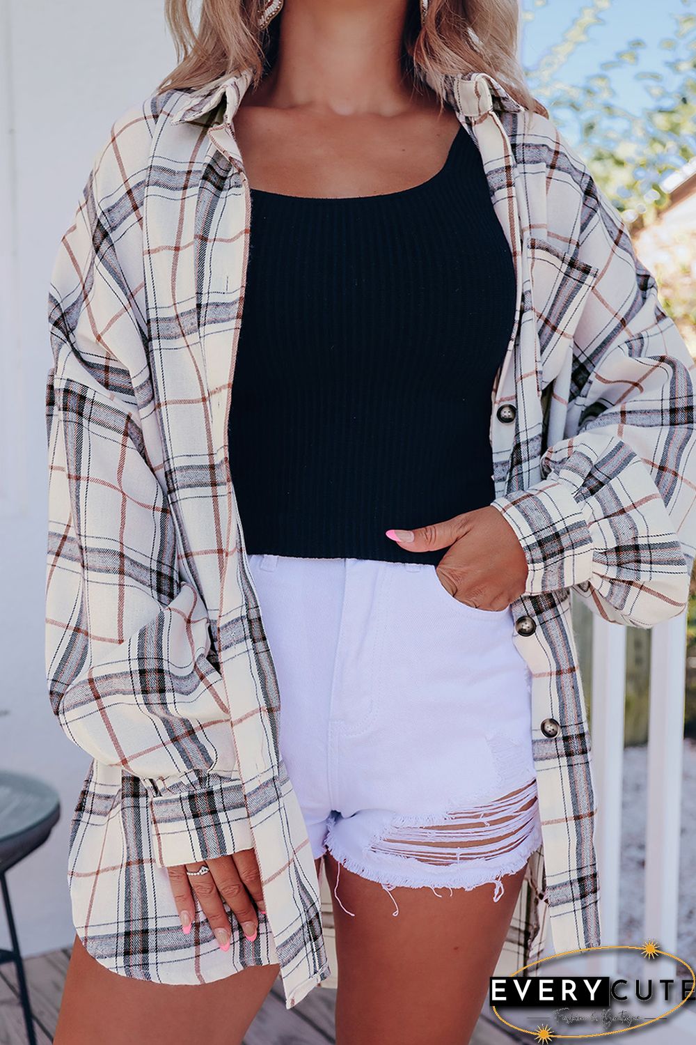 White Oversized Plaid Pattern Shacket with Slits