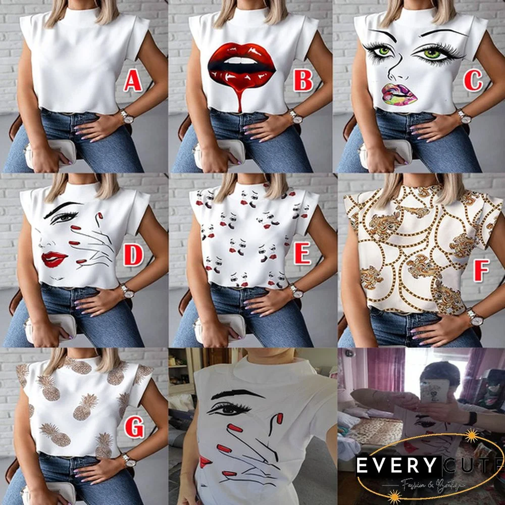 S-2XL New Fashion Women Elegant Lips Print Tops and Blouse Shirts Summer Ladies Office Casual Stand Neck Pullovers Eye Blusa Tops