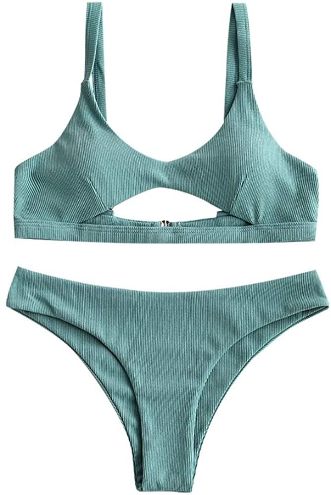 Women Swimsuit Ribbed Cutout Bathing Suit Shell Halter High Cut Bikini Set