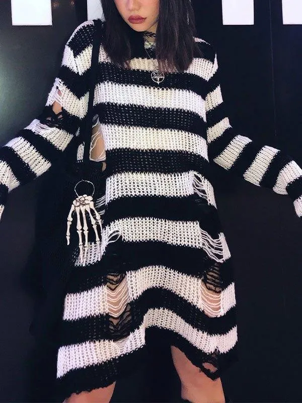 Brownm Distressed Stripe Longline Sweater