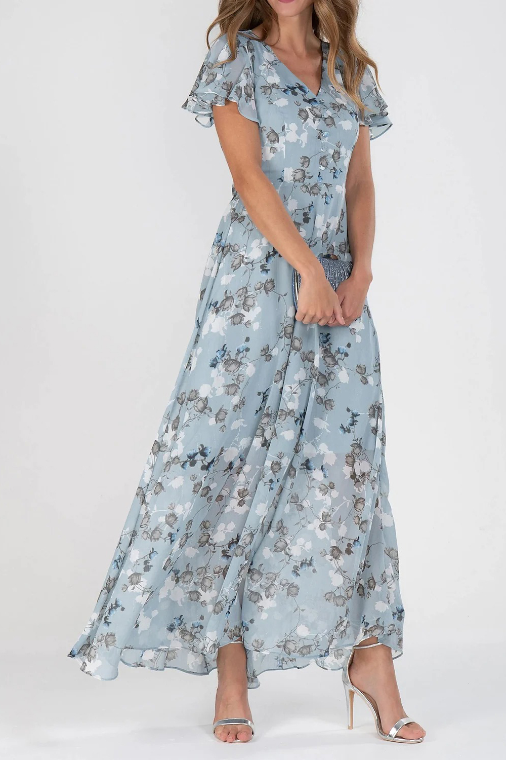 Plus Size V Neck Ruffle Sleeve Floral Print Maxi Dress
