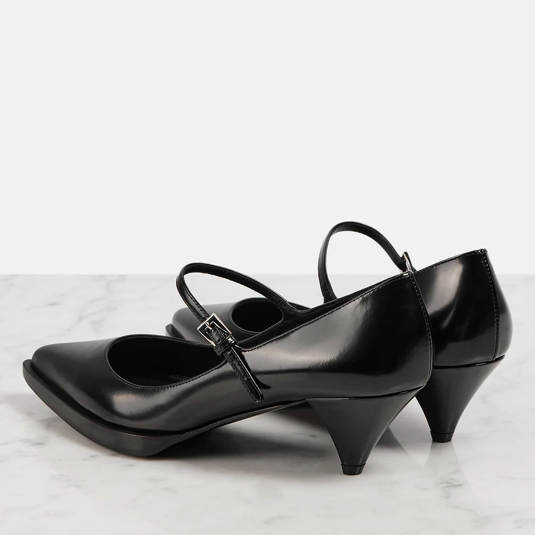 Black Vegan Leather Pointed Buckle Strap Formal Pumps with Pencil Heel
