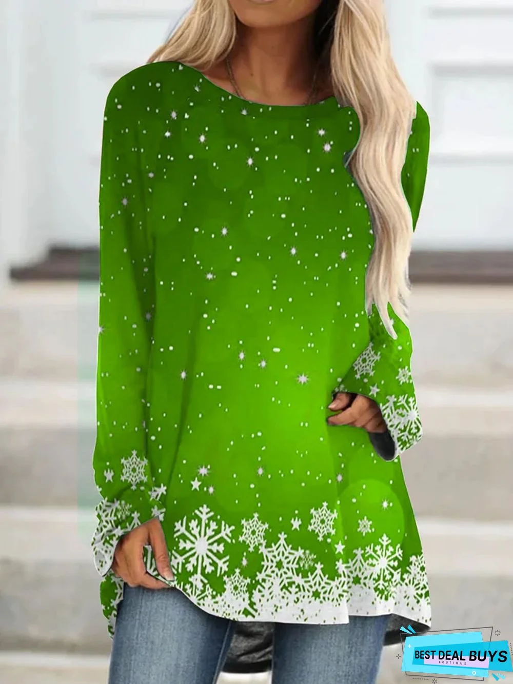 Christmas Long Sleeve Crew Neck Printed Top T-shirt TUNIC