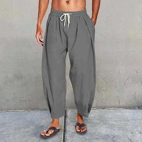 Men's Cotton Linen Drawstring Cropped Casual Harem Pants-inspireuse
