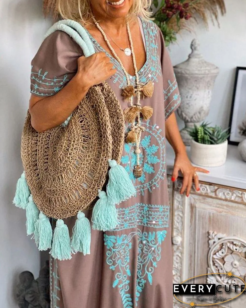 Retro Geometric Pattern Split Hem Loose Maxi Dress P14355